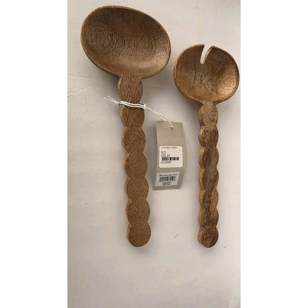 Boho Farmhouse Mango Wood Salad Tongs Server Set Wavy Scalloped Handle 9.75